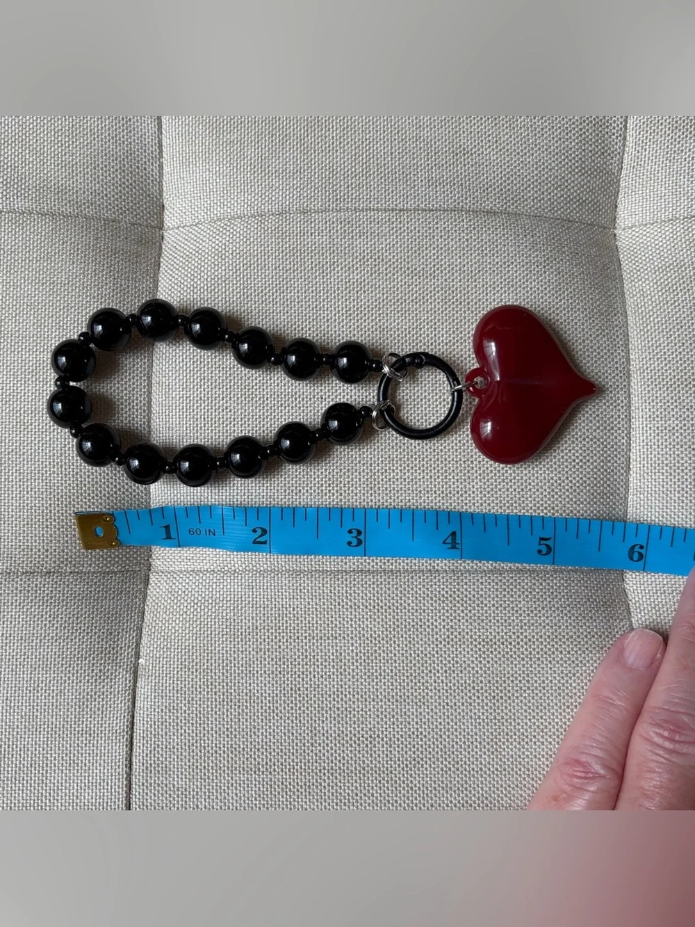 Black Beaded Bracelet/Keychain with Red Heart Charm